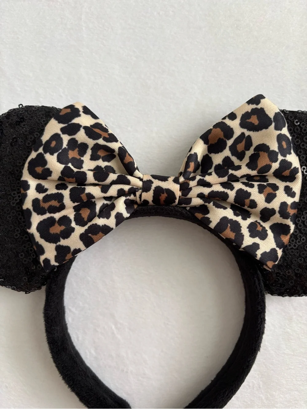 Minnie Mouse Black Sequin Ear Leopard Print Bow Headband